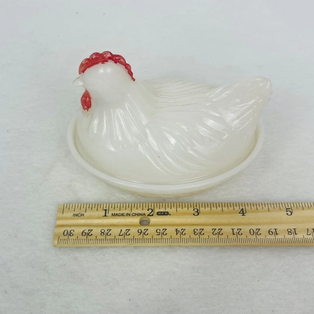 Vintage Milk Glass Hen on Nest Trinket Dish White Red Farmhouse Decor Good
